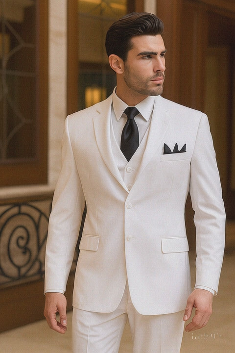 Mens Classic 3 Button Vested Dress Suit in White