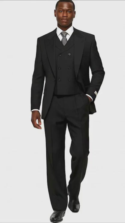 Mens Tiglio Rosso Suit - Wide Leg Baggy Pants - 100% Wool  Black Three-Piece Suit with Double-Breasted Vest and Peak Lapel