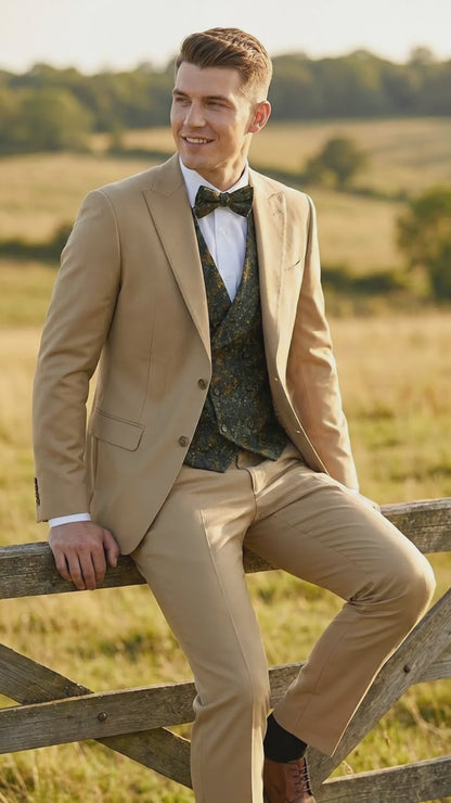 Men’s Khaki 3 Piece Suit with Patterned Vest, Great Gatsby Inspired Formal Suit for Weddings, Mardi Gra in Tan Camel Color