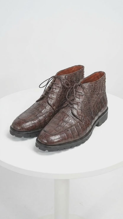 Men’s Los Altos Brown Genuine Caiman Crocodile Belly Ankle Boots, Exotic Lace Up Western Boots