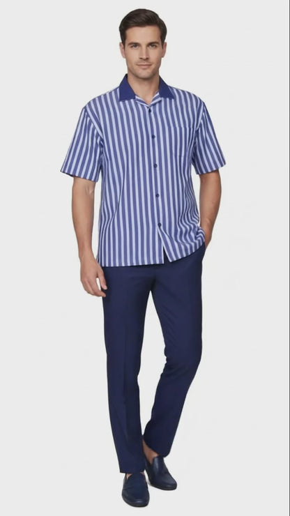 Men’s Blue and White Vertical Stripe Short Sleeve Shirt Set – Casual Summer Two-Piece Outfit