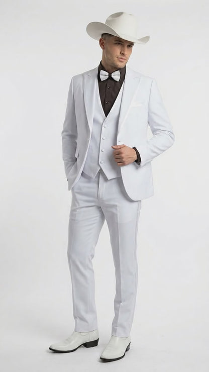 Men’s White Western Cowboy 3 Piece Tuxedo Suit, Formal Wedding Prom Groom Suit Set