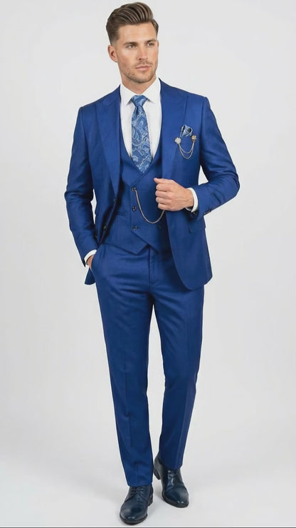 Men’s Royal Blue 3 Piece Suit Set with Vest – Formal Wedding and Party Wear Suit - Saphire Cobalt blue