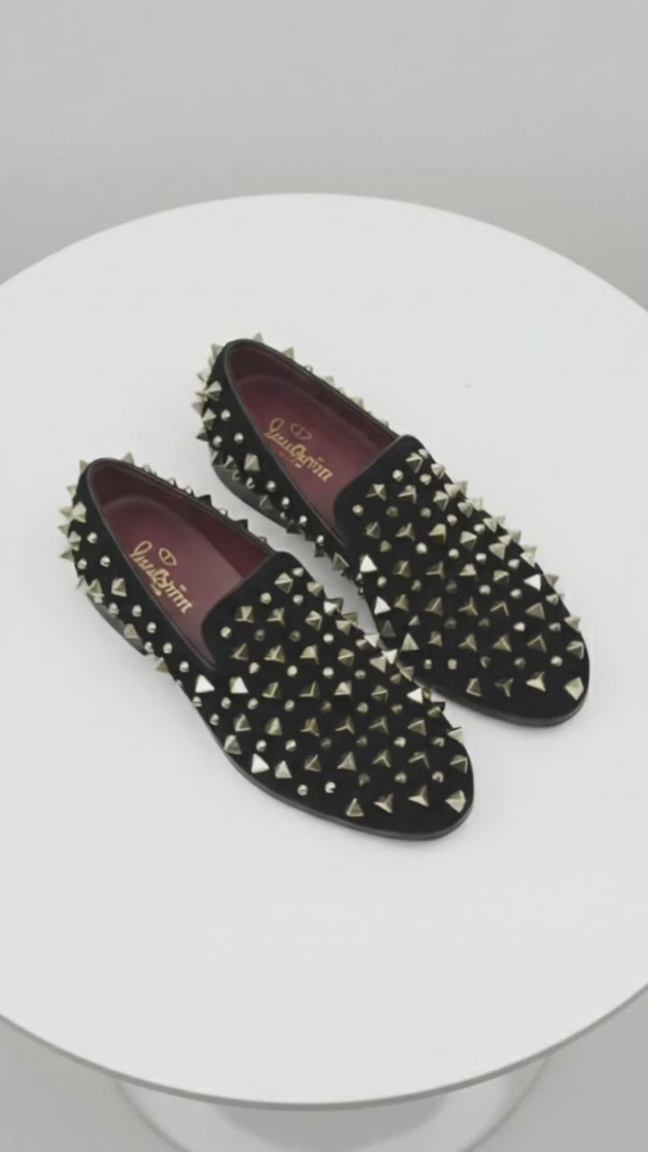 Men’s Studded Velvet Loafers – Designer Party and Prom Dress Shoes with Gold and Silver Spikes