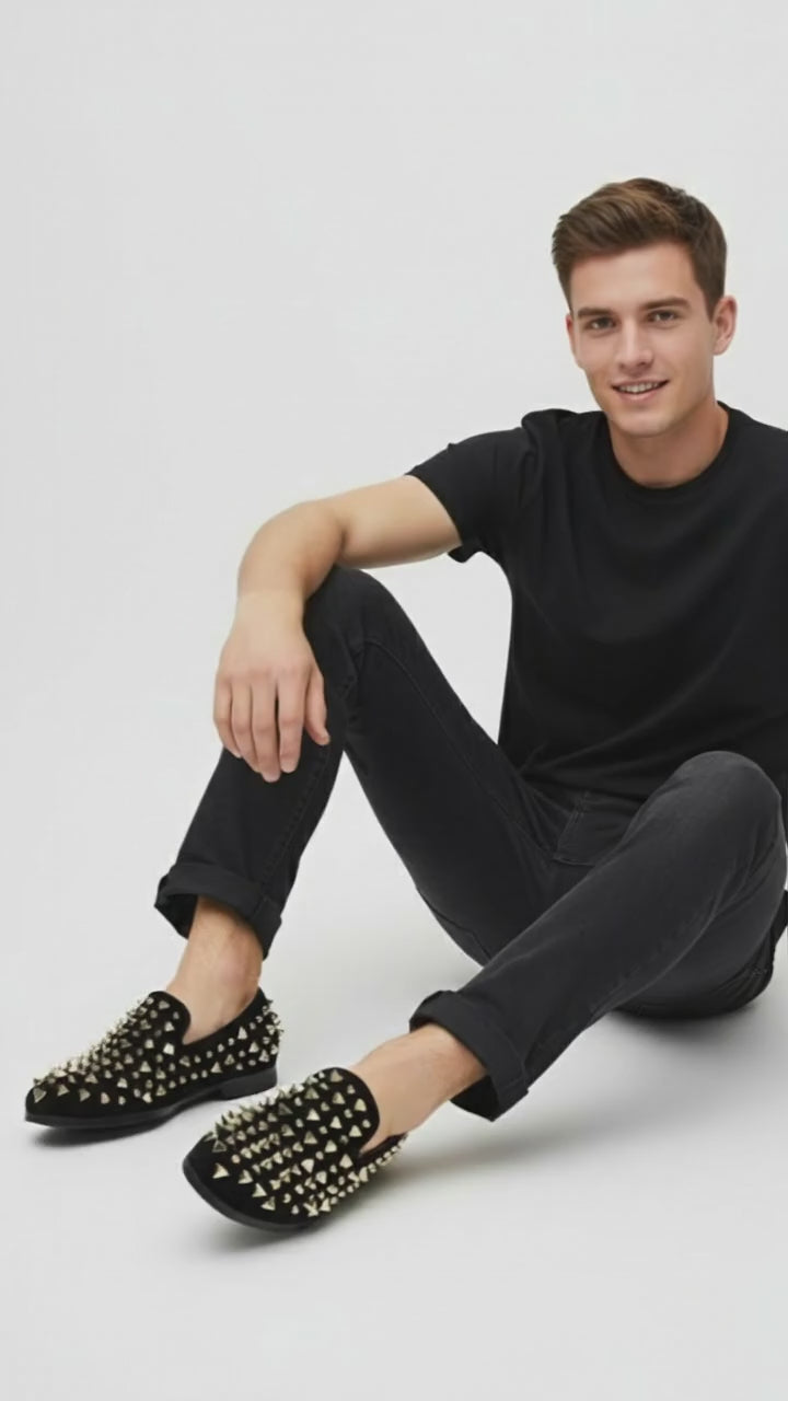 Men’s Studded Velvet Loafers – Designer Party and Prom Dress Shoes with Gold and Silver Spikes