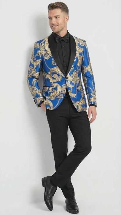 Men’s Royal Blue and Gold Blazer Jacket – Luxury Floral Pattern Tuxedo Blazer, Formal Party Wedding Dinner Jacket, Stylish Evening Wear