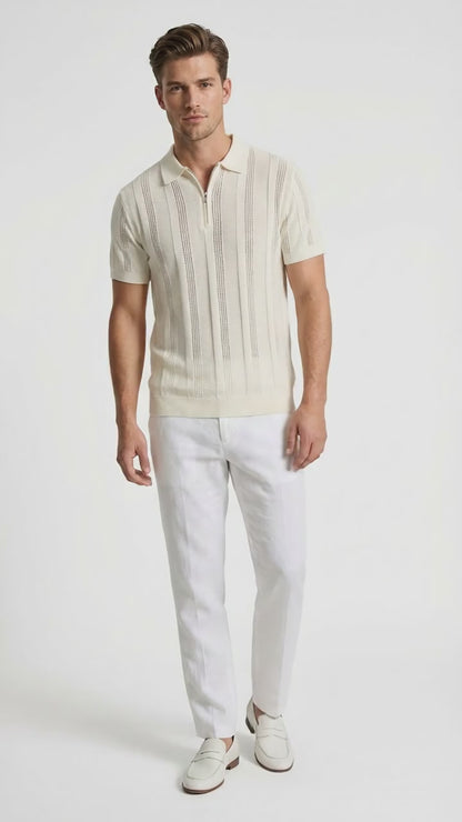 Mens Cream Ivory Off White Knit Walking Suit Set – Lightweight Short Sleeve Shirt and Pants Outfit for Summer, Vacation and Casual Wear