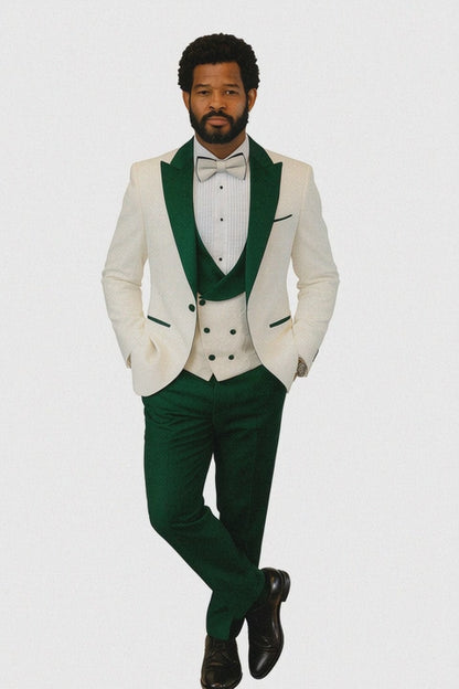 Hilton White and Hunter Green Paisley Peak Lapel Tuxedo Jacket with Matching Shawl Vest and Wool Pants – Includes Bow Tie