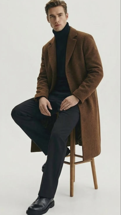 Men’s Brown Long Wool Overcoat – Topcoat Wool Carcoat Three Quarter