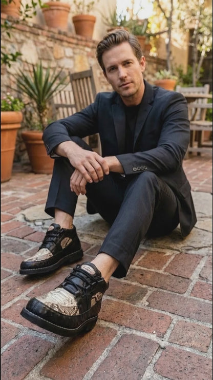 Mens Black and Natural Exotic Alligator Crocodile Casual Shoes – Ostrich and Snakeskin Pattern Lace Up Dress Shoes - Boot By Los Altos