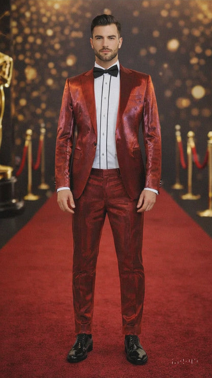Rossiman Men’s Red Sateen Suit – Glossy Finish Bold Formalwear