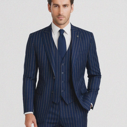 Men's Dark Navy Blue ~ White Mars Vested Peak Lapel Gangster Bold PinStripe Suit