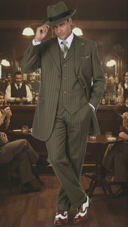 Mens Olive Green Pinstripe Zoot Suit – 1920s Gangster Vintage 3-Piece Suit for Formal and Themed Events