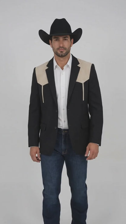 Men’s Black & Bone Tan Western Blazer – Cowboy Sport Coat with Suede Yoke for Rodeo, Ranch & Country Wear