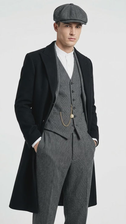 Men’s Grey Peaky Blinders 3 Piece Suit with Black Overcoat and Hat, Thomas Shelby Inspired Costume