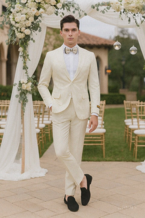 Men’s Ivory Floral Embroidered Tuxedo Jacket – Elegant Wedding and Party Blazer in Cream Color With Ivory Pants