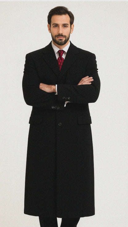 Black Cashmere Chesterfield Overcoat – 1920s Full Length Topcoat