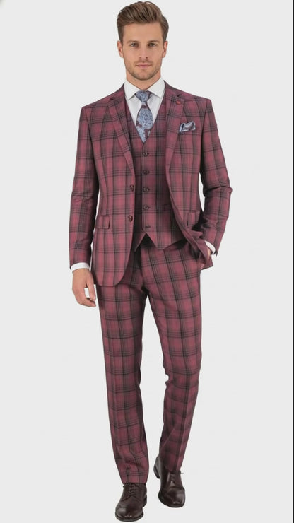 Mens Red Burgundy Plaid 3-Piece Suit – Classic Checkered Modern Fit Suit for Weddings, Church and Formal Events