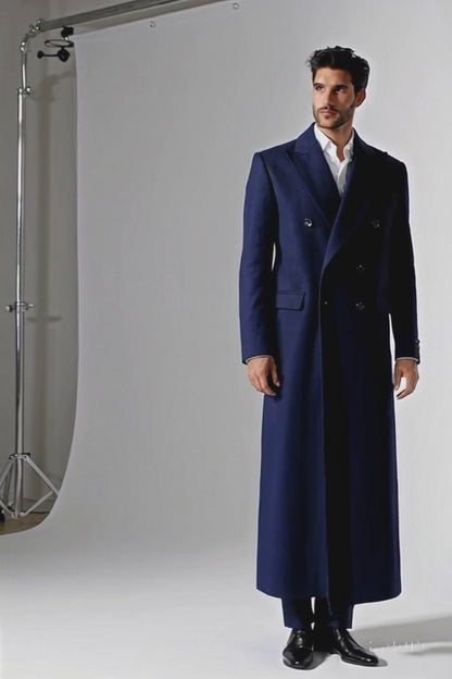 Mens Full Length Wool and Cashmere Overcoat - Winter Topcoats - Blue Coat