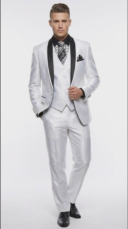 Men’s White Shiny Flashy Fabric Tuxedo Suit with Black Shawl Lapel | Luxury Formal Wedding and Evening Suits Sharkskin Metallic Fabric