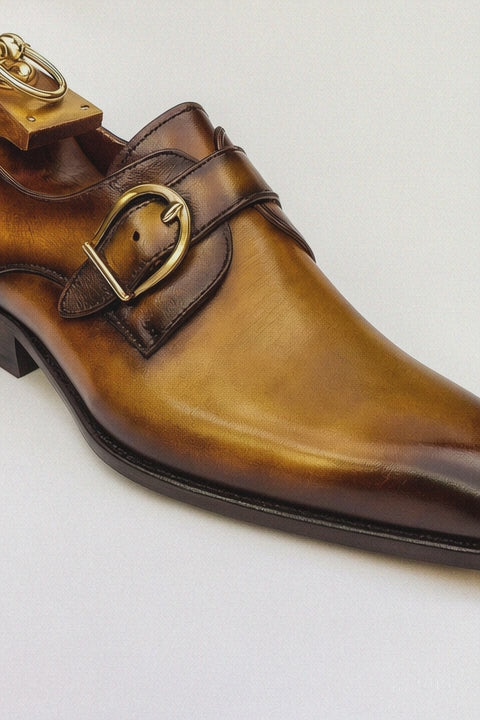 Mens Carrucci Classic Leather Fade Single D-Buckle Monk Strap Dress Shoe in Chestnut