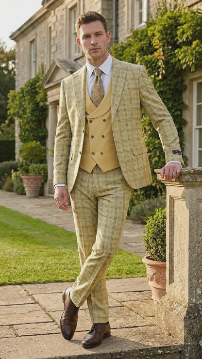 Vitali Men’s Sage Beige Tan Plaid 3 Piece Suit, Check Pattern Formal Dress Suit for Weddings, Prom, Business Events, Modern Fit Light Yellow Color