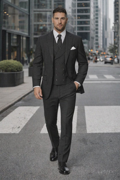 Mens Gangster Pinstripe 2 Button Double Breasted Vest Grey Suit