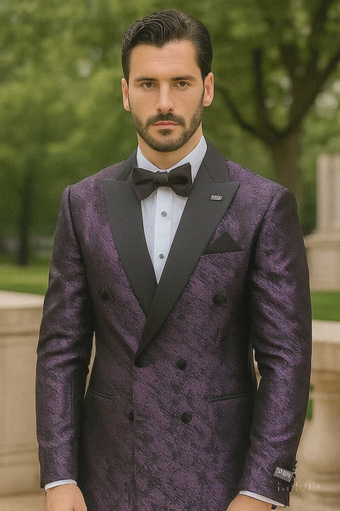 Purple Double Breasted Rough Streak Pattern Satin Peak Lapel Stacy Adams Men's Jacket