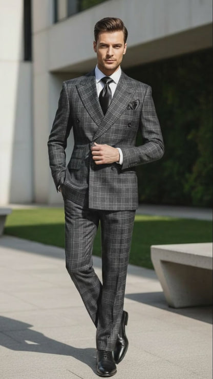 Men’s Charcoal Plaid Double-Breasted Suit –  Tailored Pants Windowpane Pattern By Rossiman