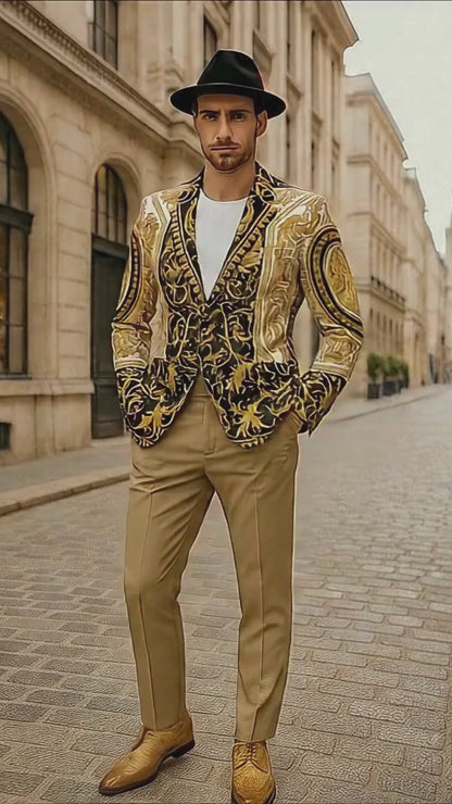 Men’s Black and Gold Baroque Blazer with Matching Pants, Hat, and Shoes – Luxury Party and Wedding Outfit Set