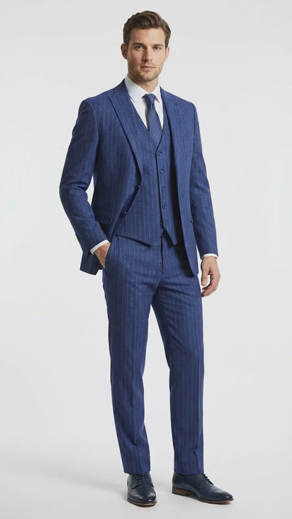 Men’s Cobalt Blue 3 Piece Suit – Indigo Light Blue Pinstripe Formal Suit with Vest for Wedding, Business Modern Fit Two buttons