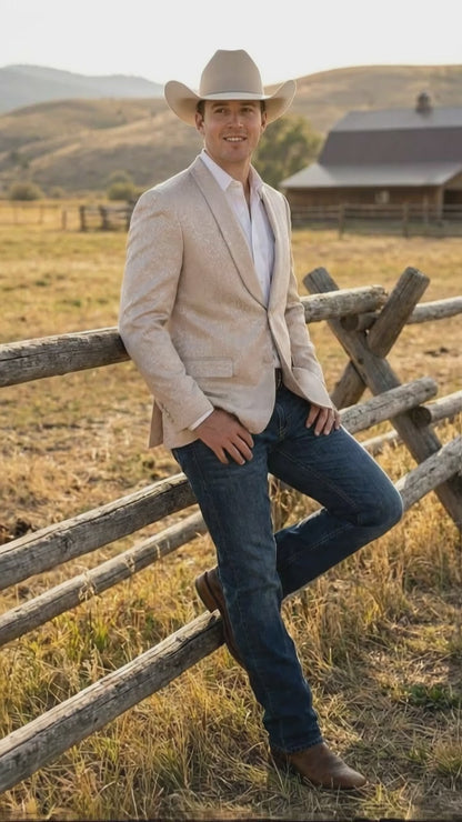Men’s Tan Khaki Beige Cream Champaign Paisley Western Blazer Jacket, Embossed Dress Sport Coat for Wedding Party Rodeo Style