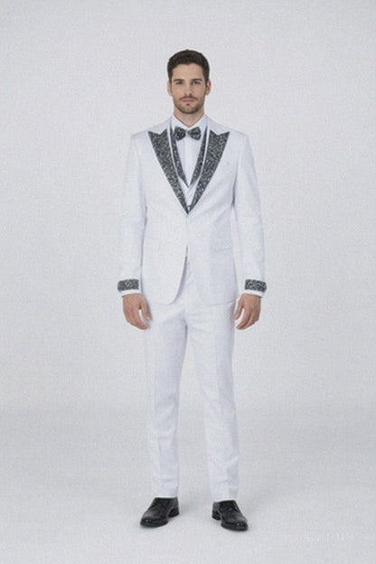 Elegant White Peak Lapel Tuxedo with Crystal Stones – 4-Piece Outfit
