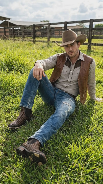 Men’s Petatillo Square Toe Boots in Brown and Black, Western Ankle Cowboy Boots