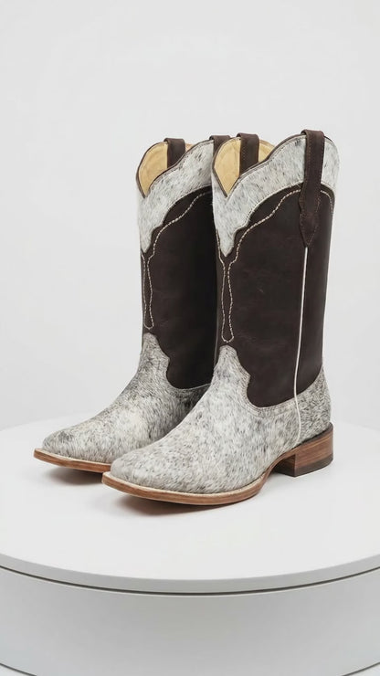Women’s White and Brown Cowhide Leather Rodeo Boots, Western Pull On Cowboy Boots