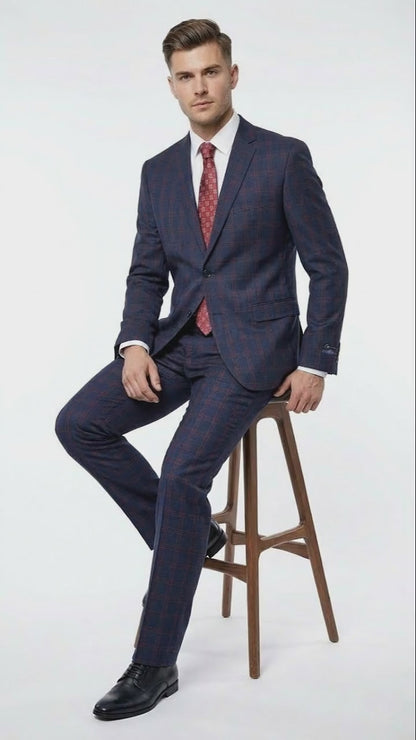 Men’s Navy Blue and Burgundy Checkered Two-Piece Suit Plaid Windowpane – Flat Front Pants or Pleated Wide Leg Pants - 100% Wool