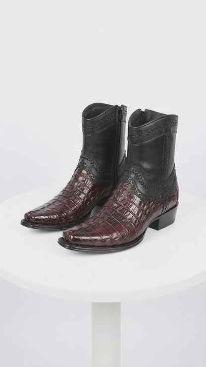 Men’s Los Altos Black Cherry Caiman Tail Low Shaft Boots, European Square Toe Dress Boots