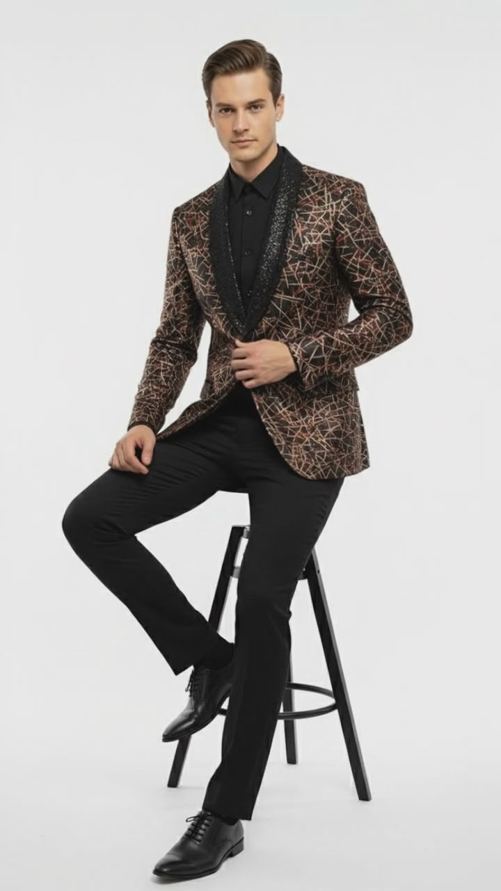 Men’s Black Shiny Designer Blazer with Red and Gold Pattern – Luxury Party & Wedding Jacket