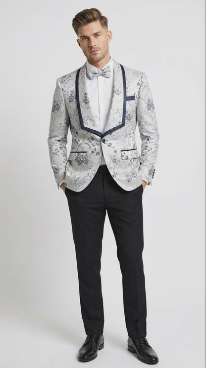 Men’s White and Navy Blue Lapel  Floral Jacquard Blazer with Contrast Shawl Lapel – Luxury Wedding and Party Wear Jacket paisley Tuxedo Navy Pants