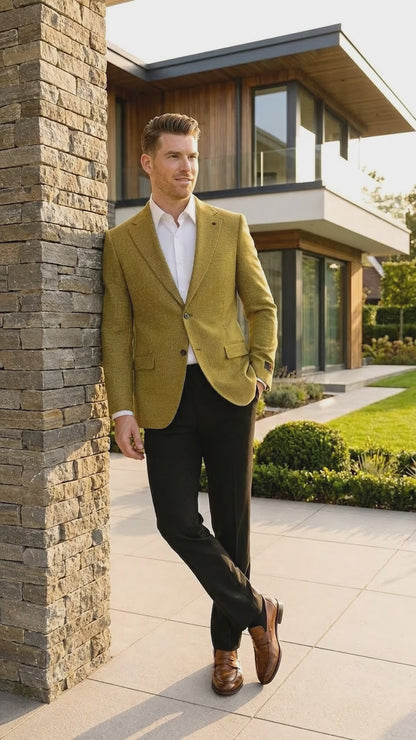 Men’s Mustard Gold Yellow Houndstooth Blazer Jacket, Check Pattern Formal Sport Coat for Weddings, Prom, Business 2 Buttons Modern Fit