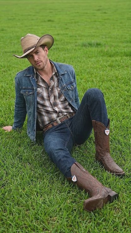 Men’s Wild West Brown Caiman Belly Skin 3X Toe Cowboy Boots, Exotic Western Dress Boots 29582-B