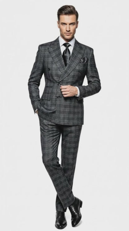 Men’s Charcoal Plaid Double-Breasted Suit –  Tailored Pants Windowpane Pattern By Rossiman