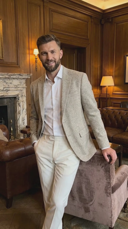 Men’s Light Tan Tweed Blazer – Classic Herringbone Sport Coat, Beige Casual Formal Jacket, Vintage Style Business & Smart Casual Wear