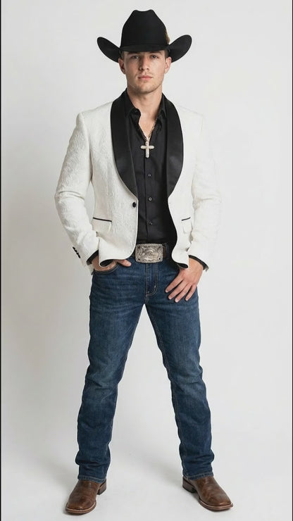 Men’s White Cowboy Blazer with Black Shawl Lapel – Western Formal Jacket for Wedding and Special Events