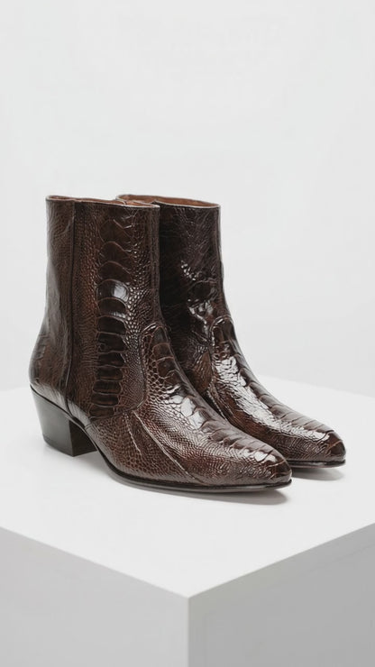 Men’s Brown Cuban Heel Boots – Exotic Ostrich Leg & Ostrich Quill Pointed Toe Dress Boots By Los Altos