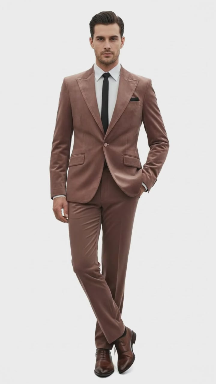 Mens Mauve Velvet Suit – 2 Piece Ultra Slim Fit Blazer and Pants Formal Set in Light Brown Tuxedo