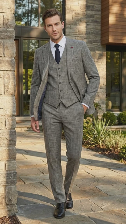 Vitali Brand Men’s Grey Textured Patterned 3 Piece Suit – Modern Fit Checkered Sharkskin with Blazer, Vest & Trousers, Business Wedding