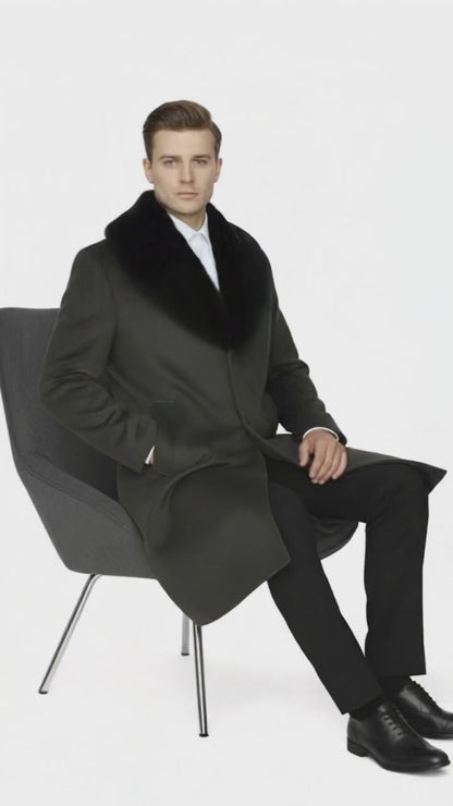 Mens Full Length Olive Overcoat with Black Fur Collar – Luxury Wool Fabric Winter Long Coat in Hunter Green
