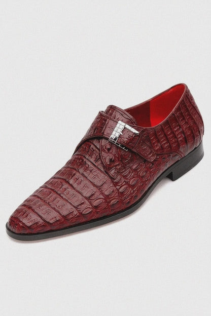 Marco Di Milano Rovigo Men's Shoes Wine Exotic Crocodile Skin Single Monk-strap Loafers