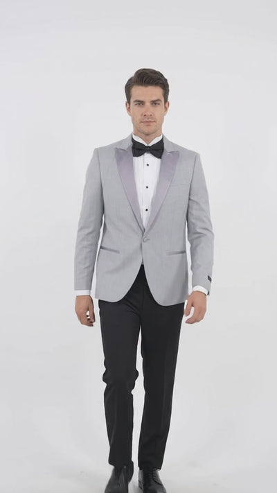 Men’s Silver Grey Dinner Jacket with Black Pants – Formal Wedding Prom Tuxedo Blazer Outfit Suit